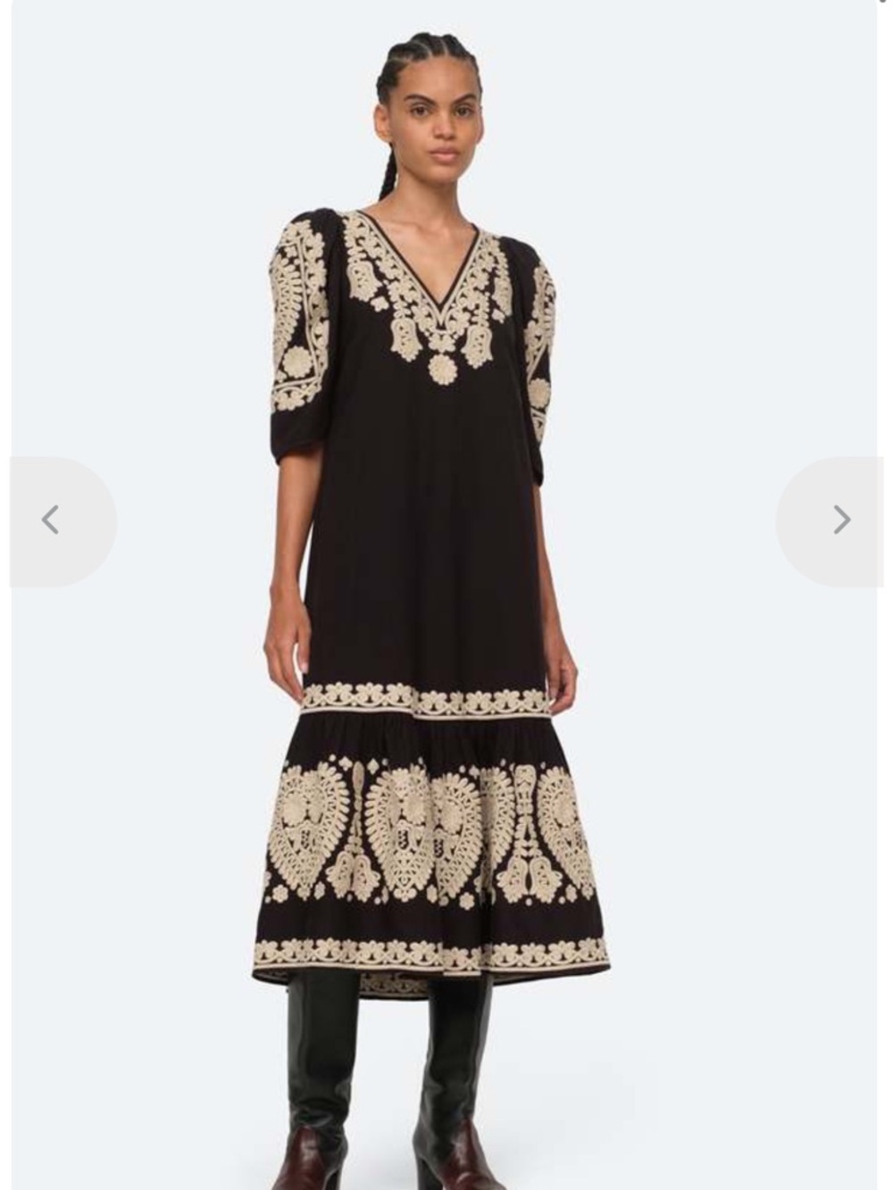 Sea New York Holly V-Neck Embroidered Dress Black Cream Puff Sleeve (sz L) 454